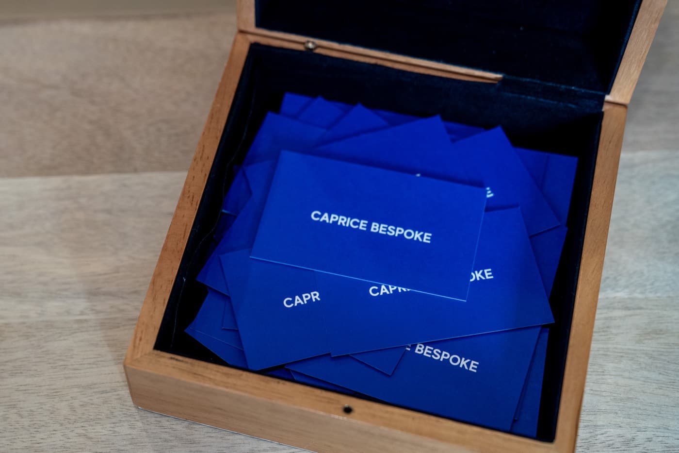 A finished order packed in a branded Caprice Bespoke presentation box ready to ship