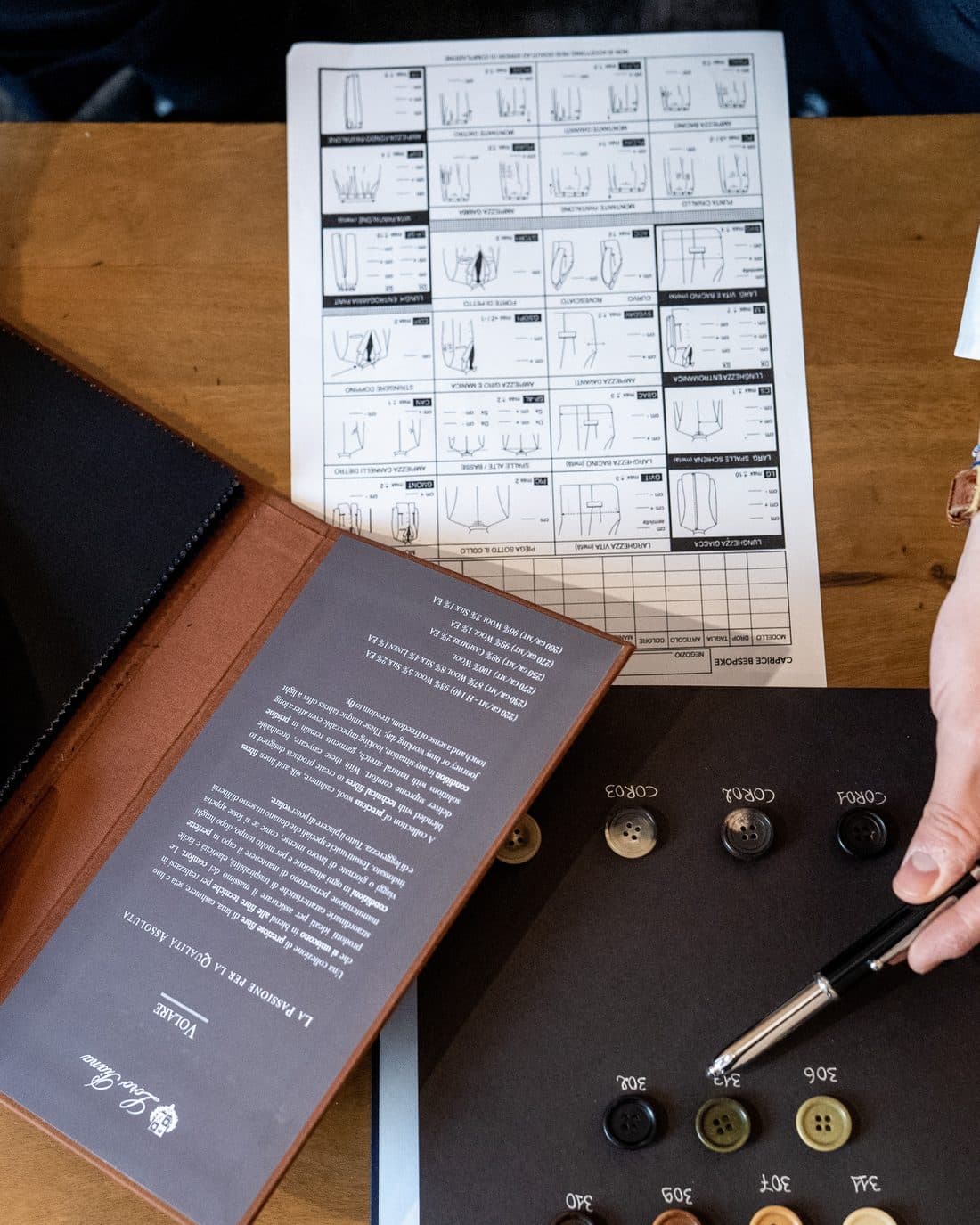 A garment specification sheet, fabric swatches and a button tray laid out during a product development session